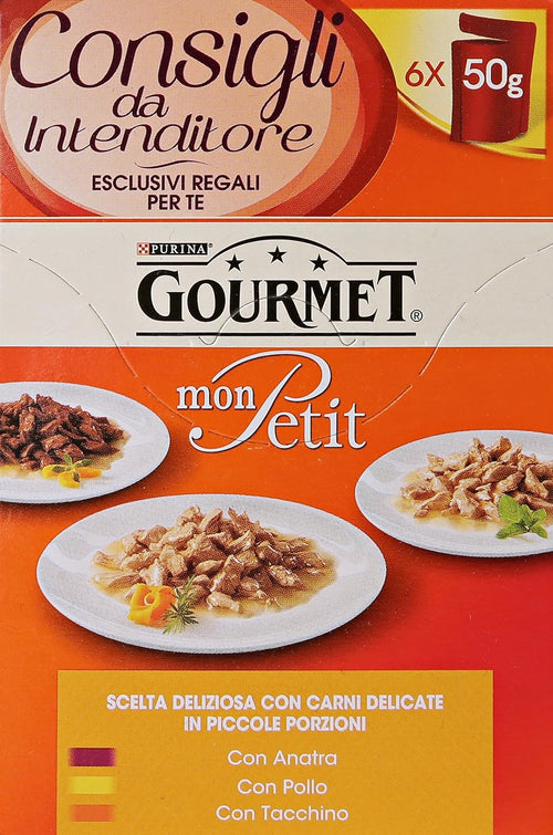 Gourmet Mon Petit, Cibo per Gatti, Piccole Porzioni in 3 Gusti (Anatra, Pollo, Tacchino) - 8 confezioni da 6 pezzi da 50 g [48 pezzi, 2400 g]